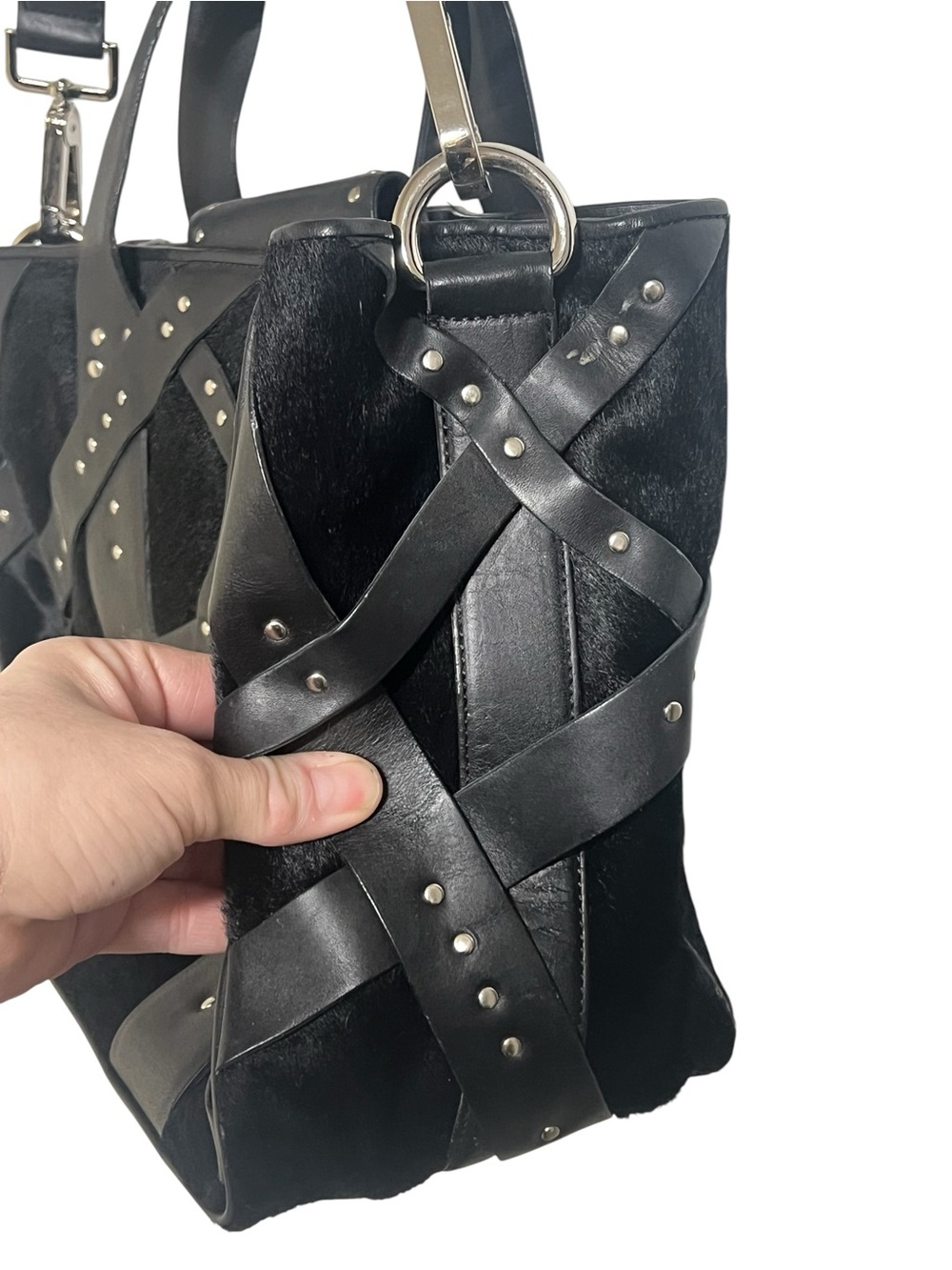 Donald J Pliner black calf hair and leather strappy silver studded satchel bag - Picture 6 of 11
